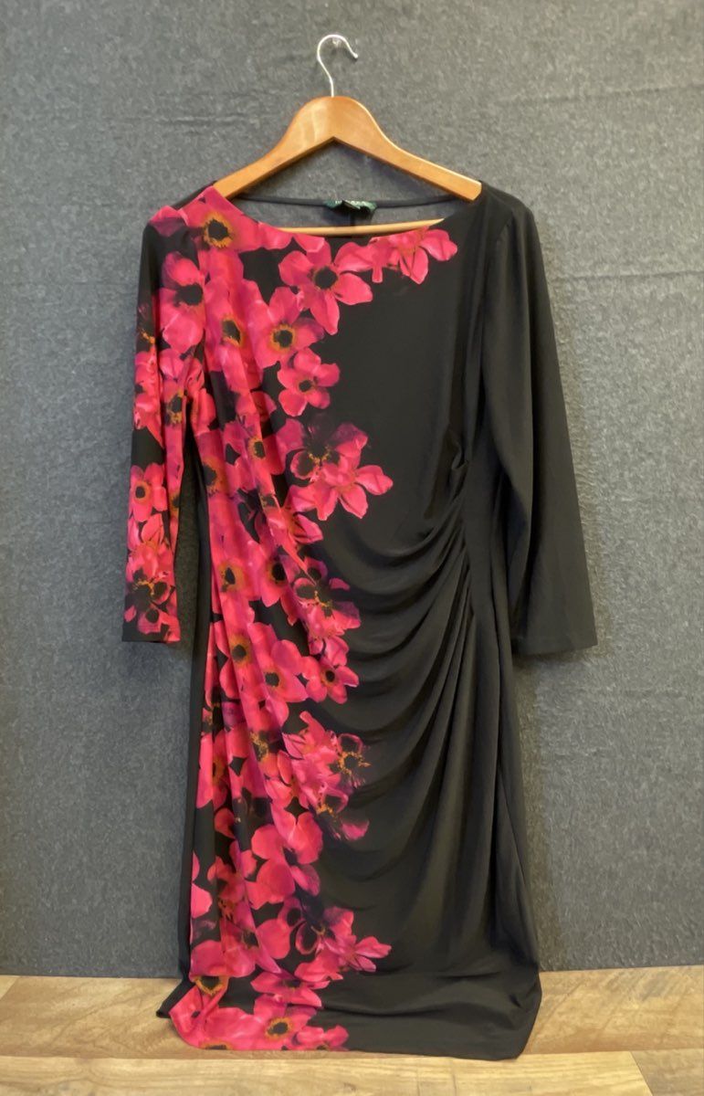 Lauren Ralph Lauren Women's Black Pink Floral Ruched Sheath Dress Sz 14