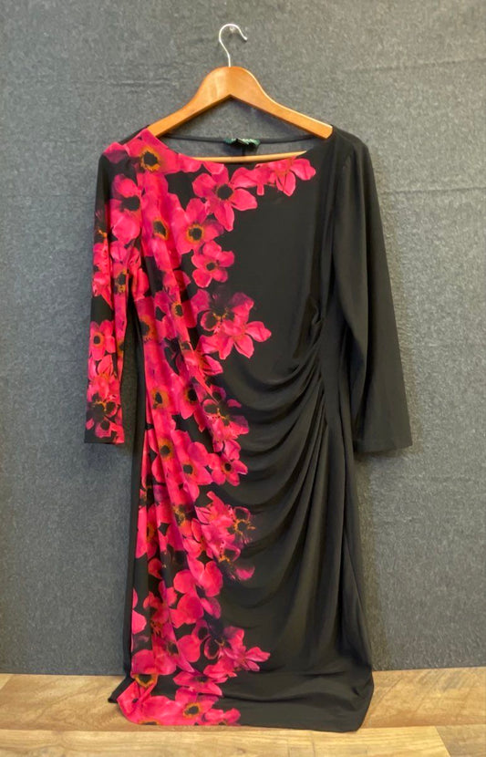 Lauren Ralph Lauren Women's Black Pink Floral Ruched Sheath Dress Sz 14