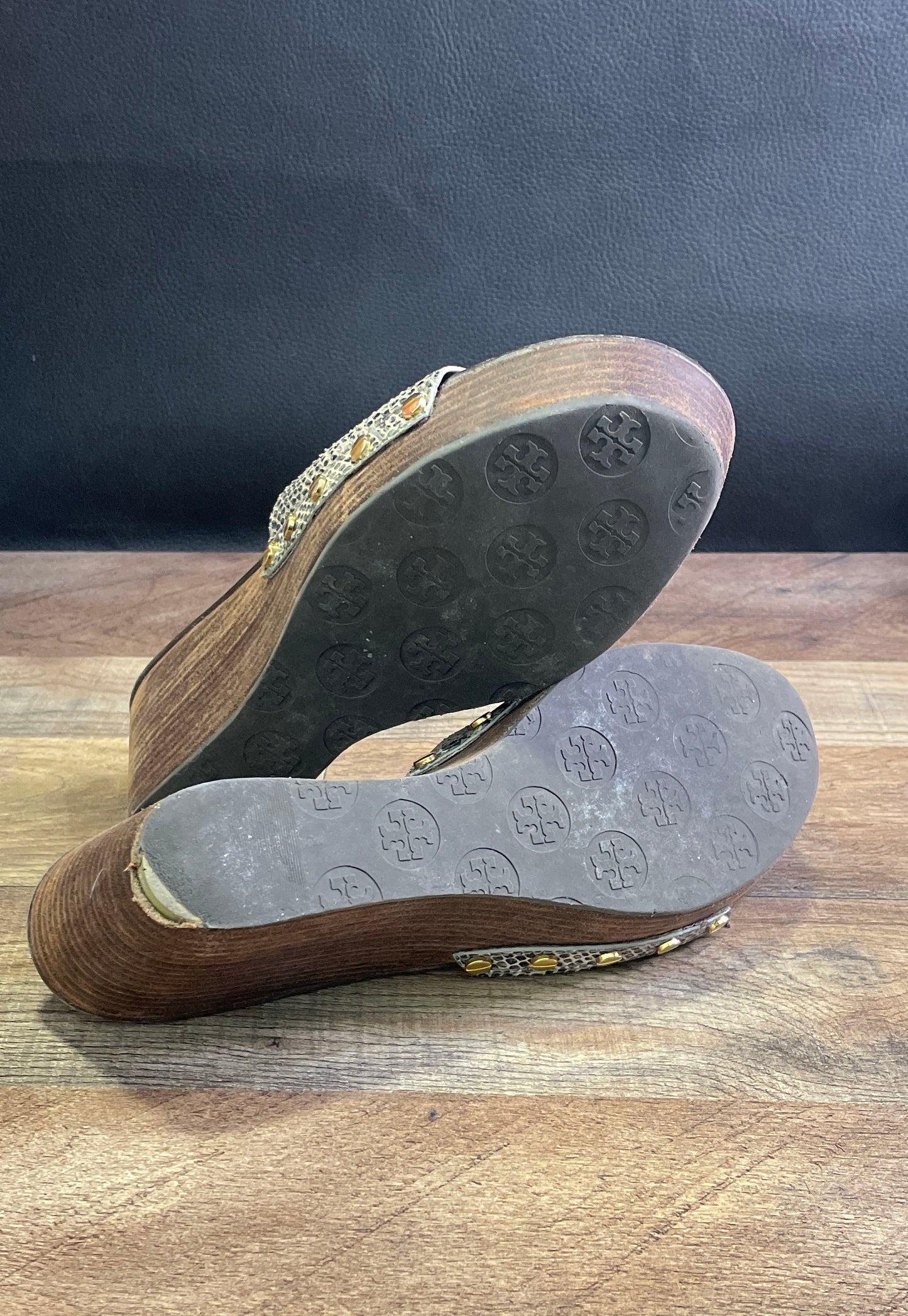 Tory Burch Snakeskin Leather Wooden Platform Wedge Slide Sandals Size 8.5