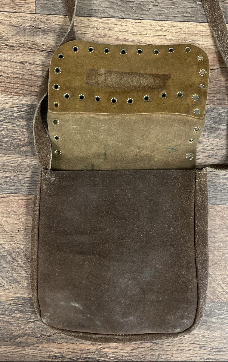Vintage Brown Green Suede Leather Crossbody Bag Bohemian Eyelet Grommet Trim