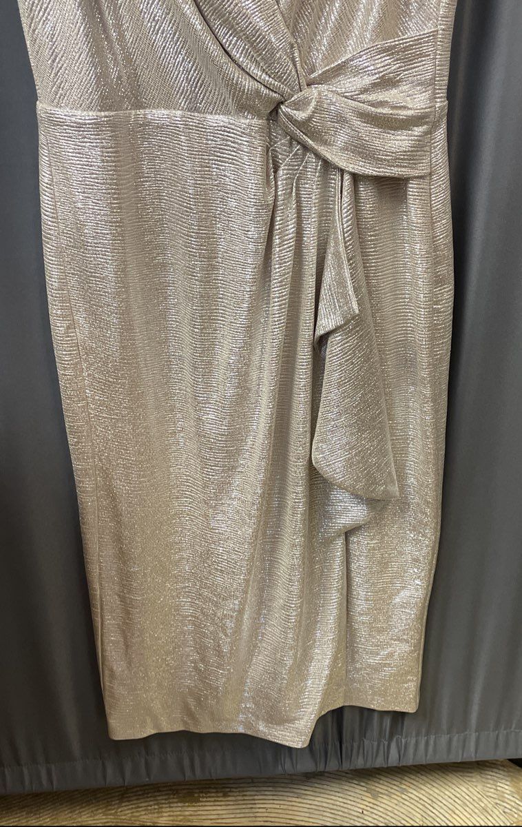 Lauren Ralph Lauren Women's Metallic Faux Wrap Dress Champagne Silver Sz 14
