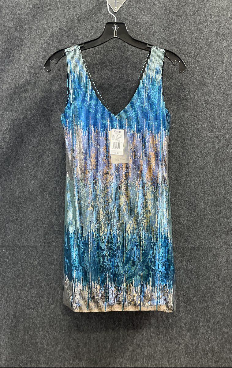 Lily Rose Women's Blue Silver Sequined Ombre V-Neck Mini Dress Sz L NWT
