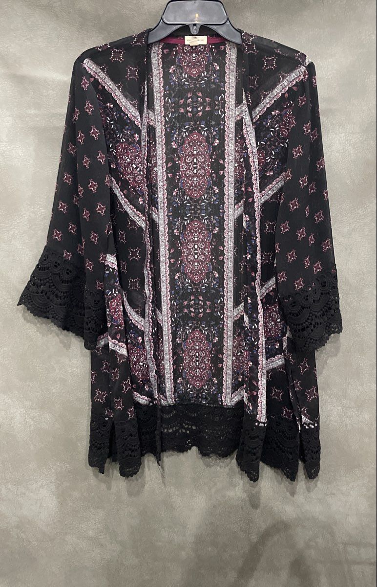 Mason & Belle Women's Purple Floral Sheer Open Kimono Cardigan Crochet Sz M