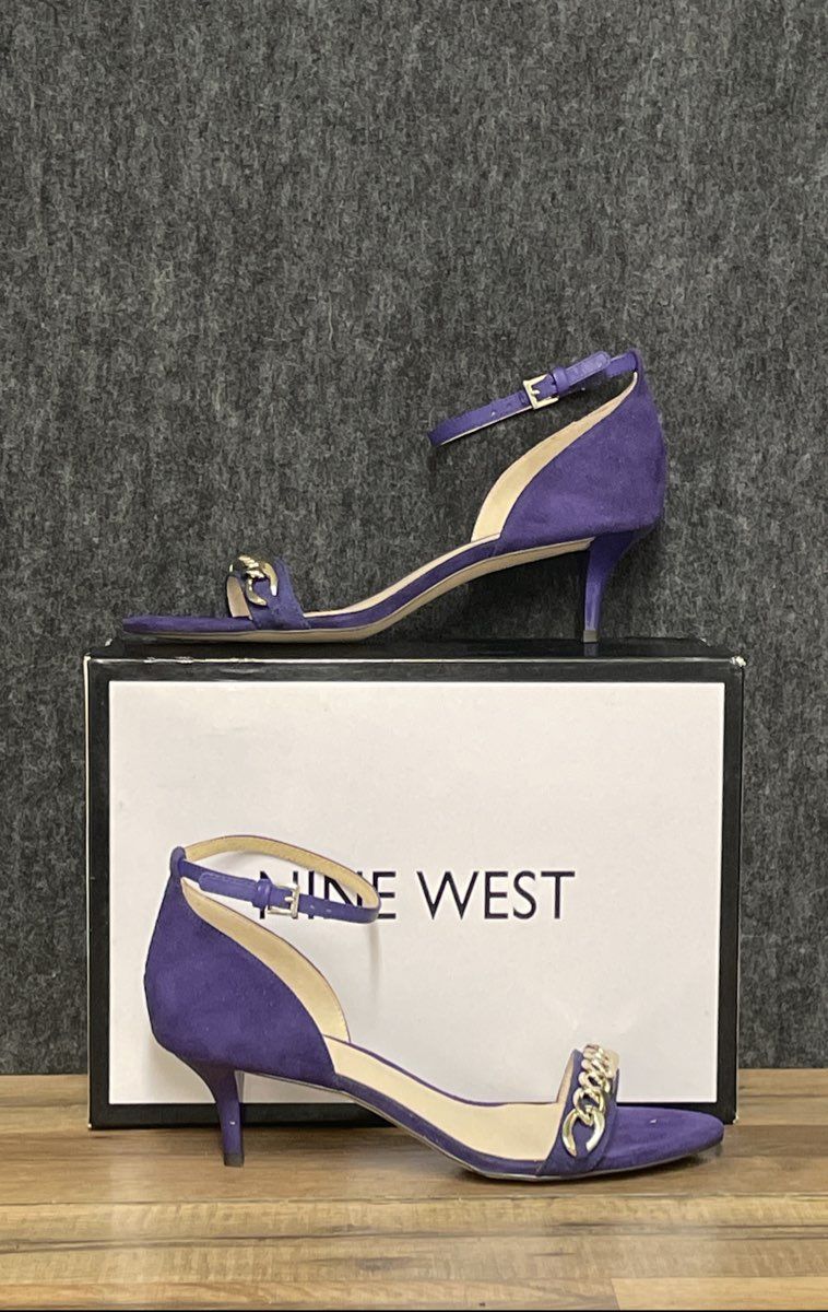 Nine West Lioness Purple Suede Ankle Strap Kitten Heel Sandals Women's Size 8 M