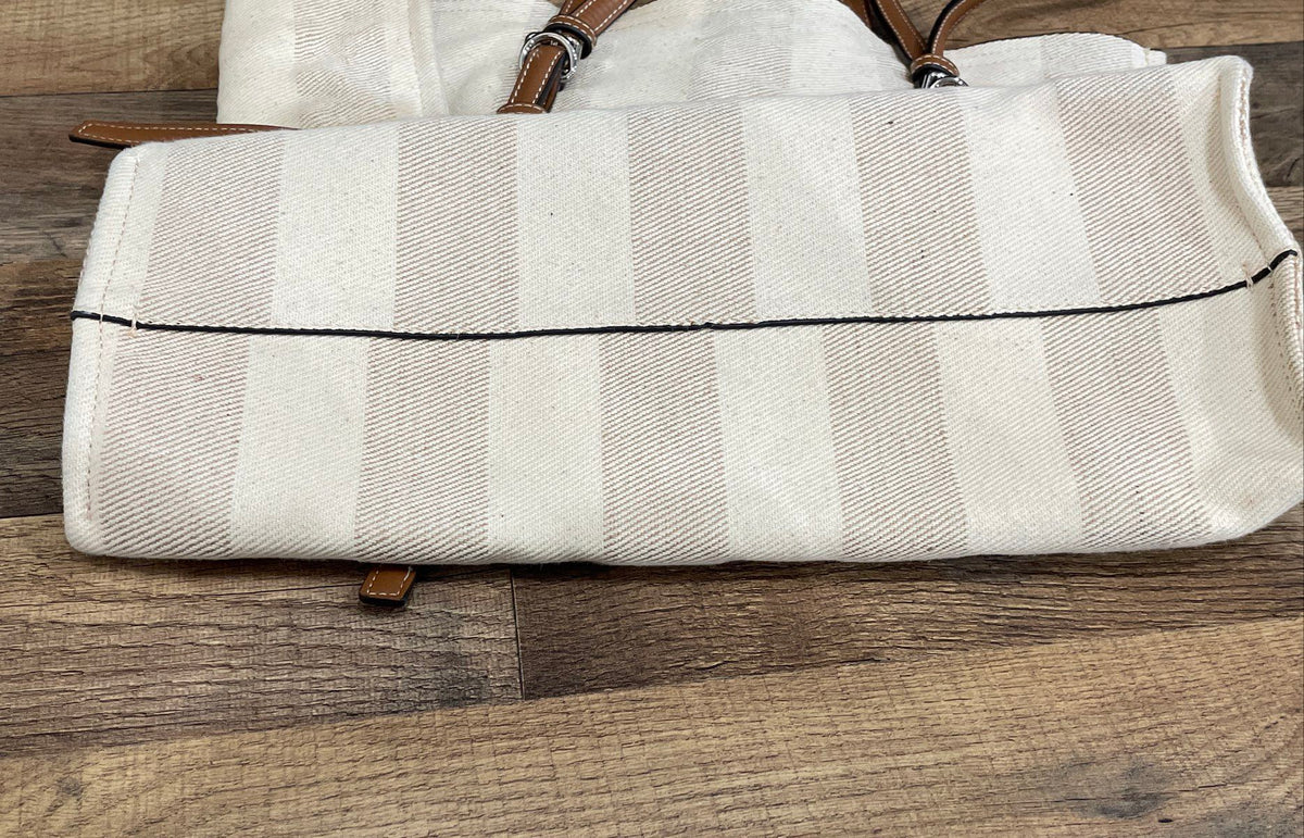 Zara White Striped Fabric Tote Bag Large Shopper Brown Trim Adjustable Straps