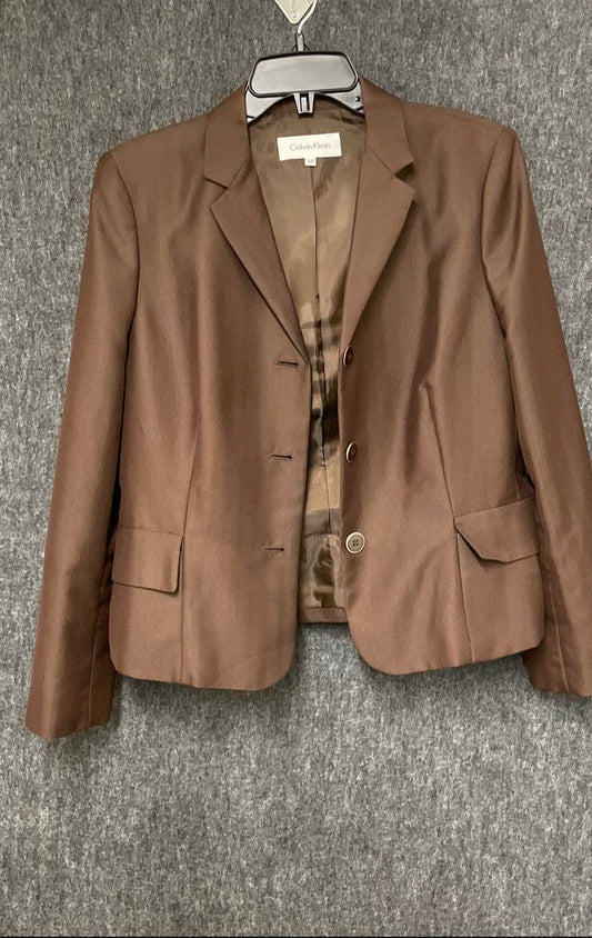 Calvin Klein Women's Brown Herringbone 3-Button Blazer Jacket Petite Sz 12P