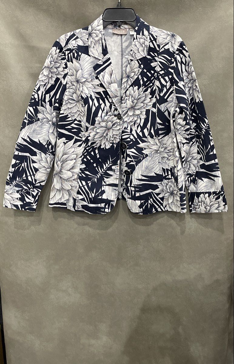 Chico's Women's Navy Blue Floral Cotton Button Up Blazer Jacket Sz 2