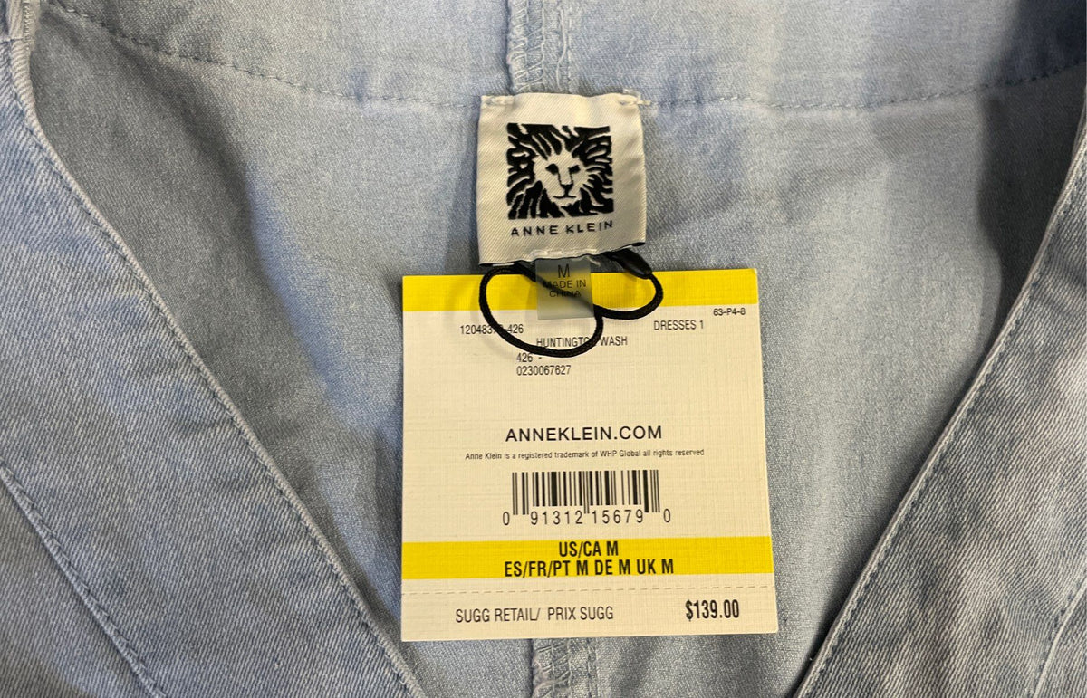 NWT Anne Klein Women's Blue Huntington Wash Chambray Button Front Dress Size M