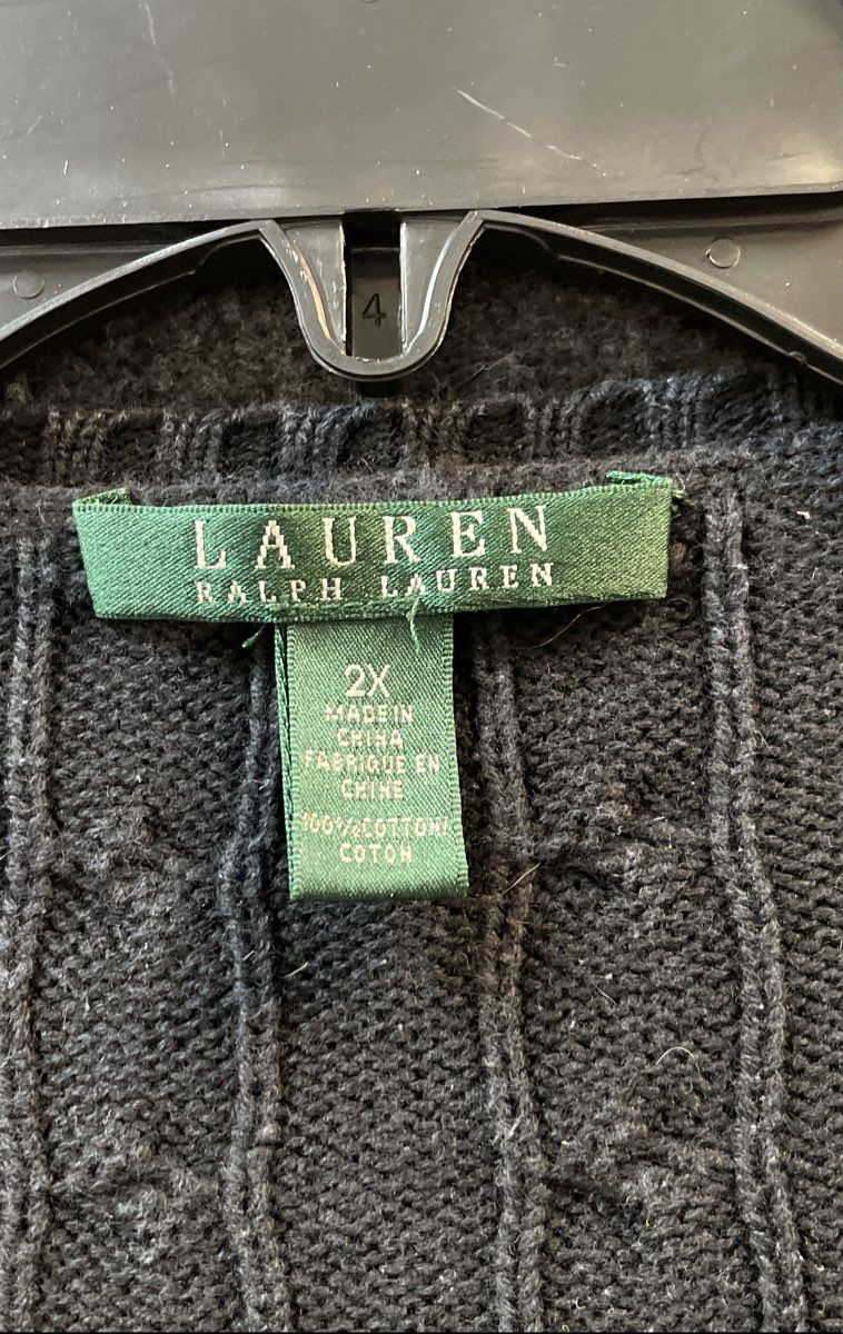 Lauren Ralph Lauren Women's Black Cable Knit Cotton V-Neck Sweater Sz 2X