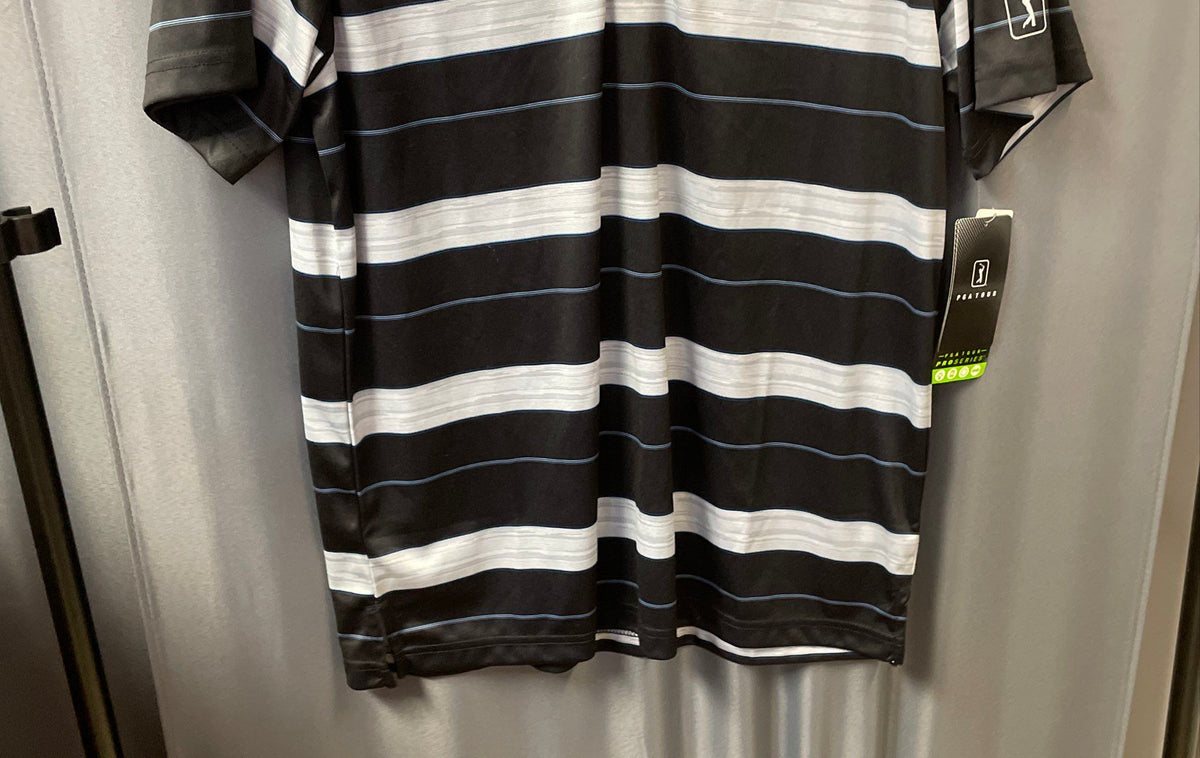 PGA Tour Men's Pro Series Golf Polo Shirt Caviar Black Gray Striped Sz L NWT