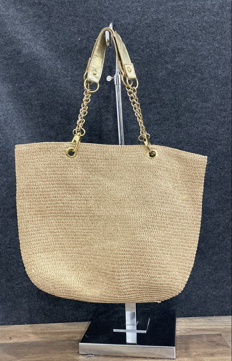 Unbranded Gold Woven Straw Tote Metallic Chain Link Shoulder Bag