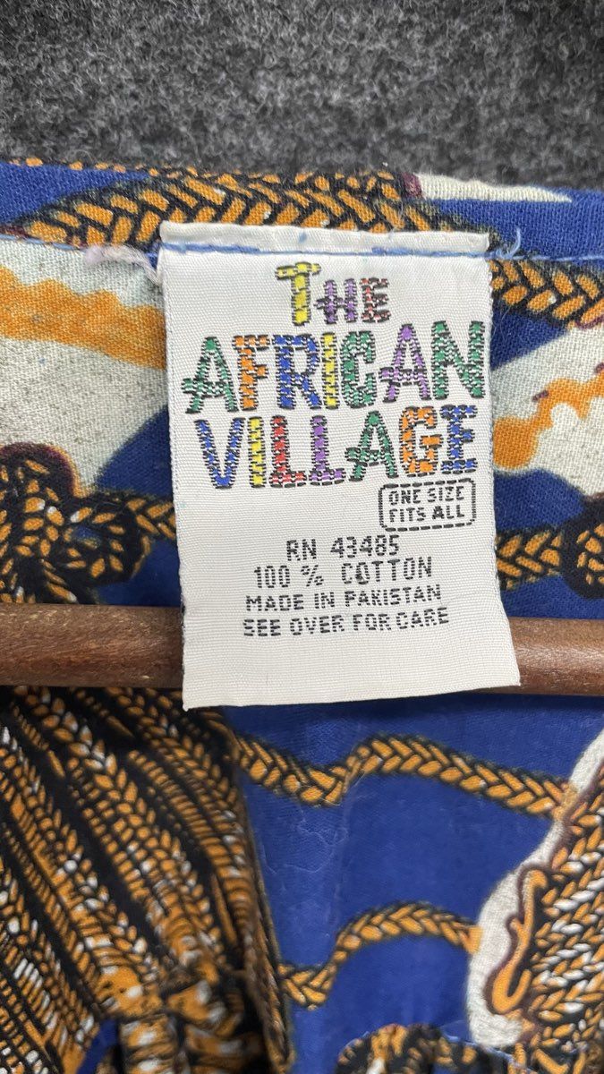 Vintage 90s The African Village Women's Blue Ruffle Button Front Kaftan Dress OS
