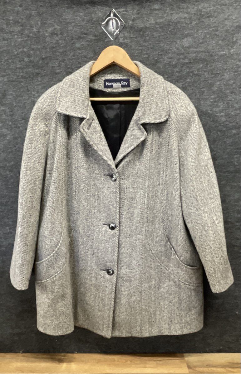 Herman Kay Women's Gray Herringbone Wool Blend Pea Coat Sz 14W