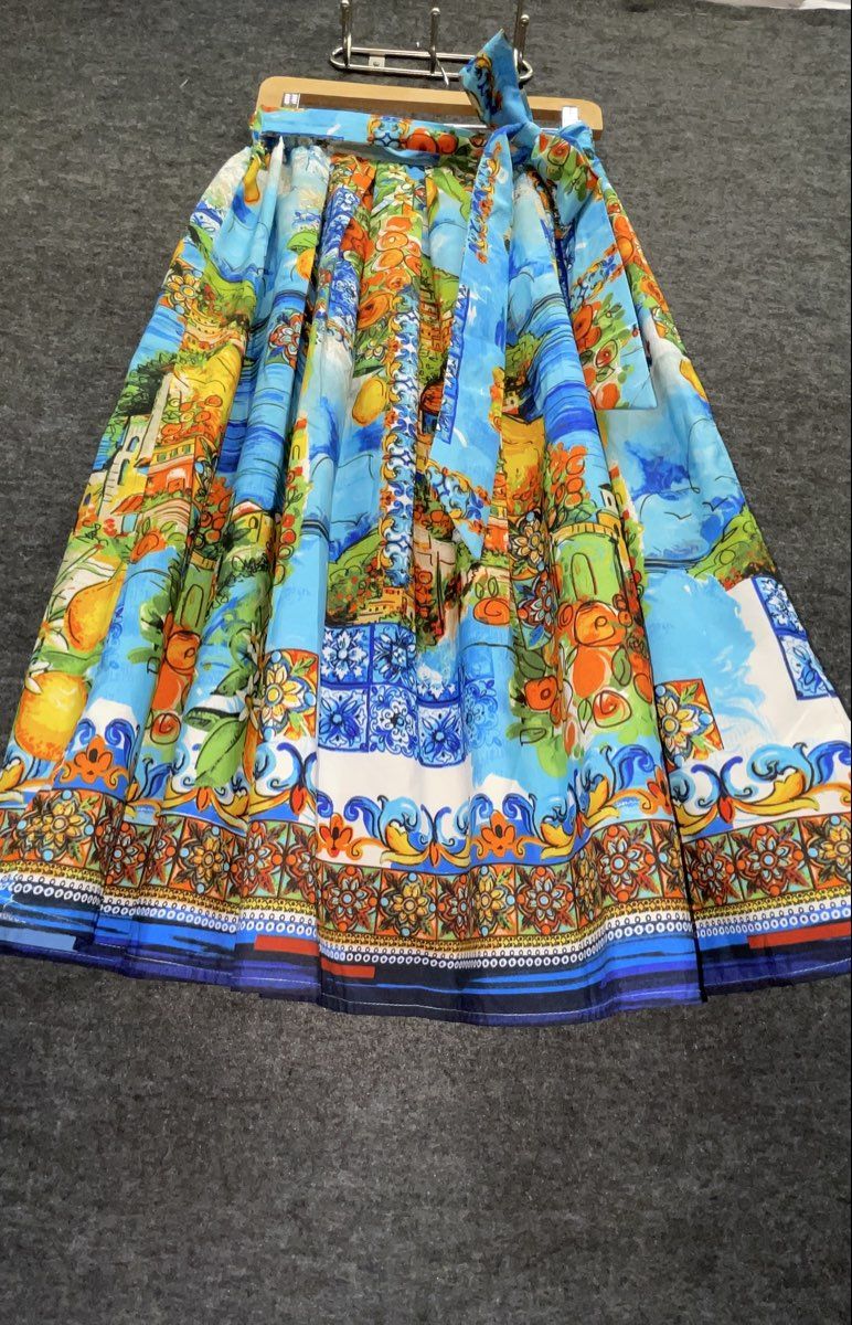 Women's Blue Majolica Mediterranean Lemon Print Pleated Midi Skirt Tie Waist