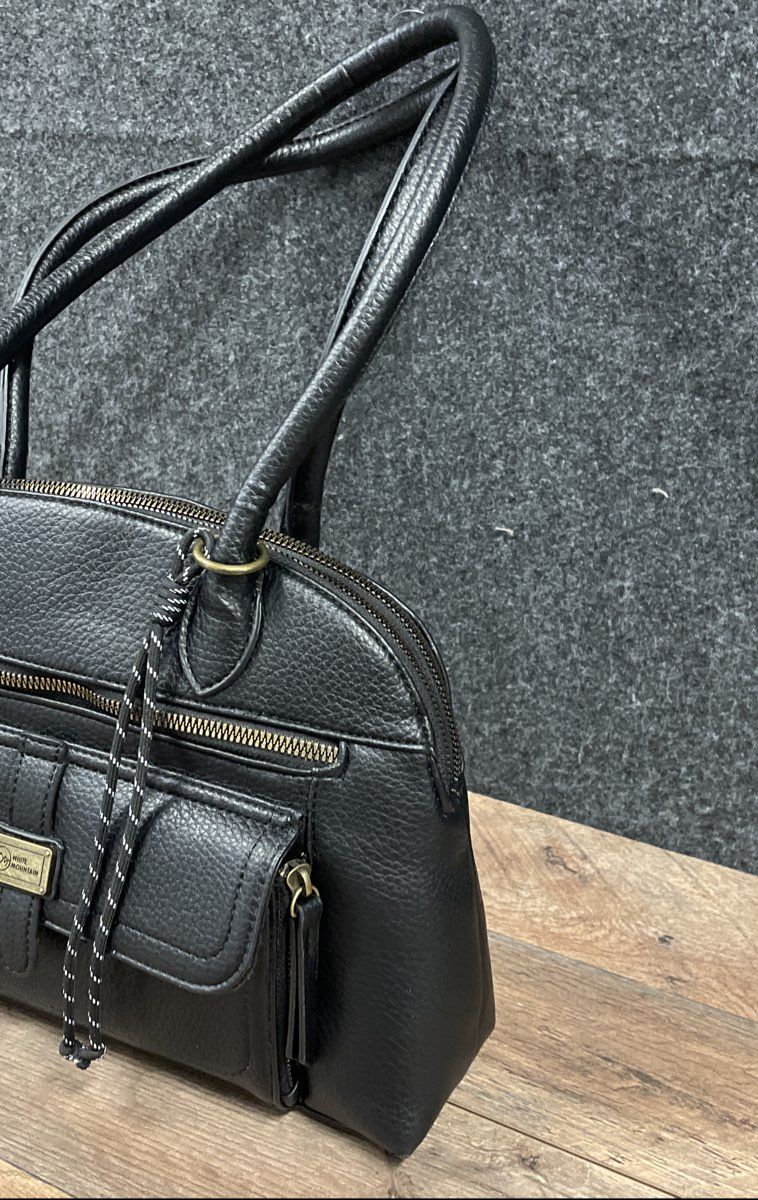 White Mountain Black Pebbled Multi-Pocket Shoulder Bag Brass Hardware