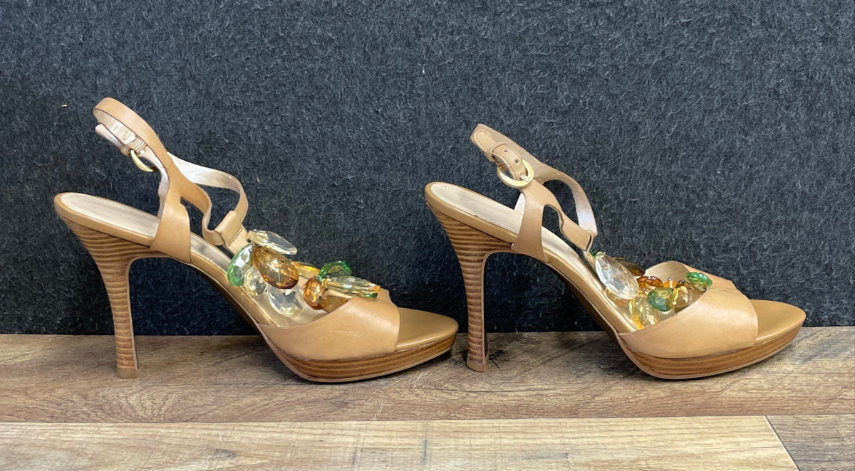 Tahari Treble Women's Tan Leather Gem Embellished Slingback Heels Size 9M