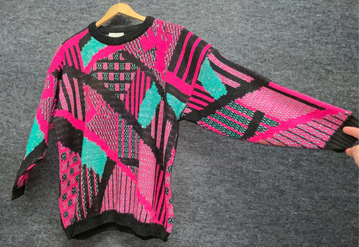 Vintage 80s Studio Graphics Women's Abstract Geometric Neon Knit Sweater Sz L