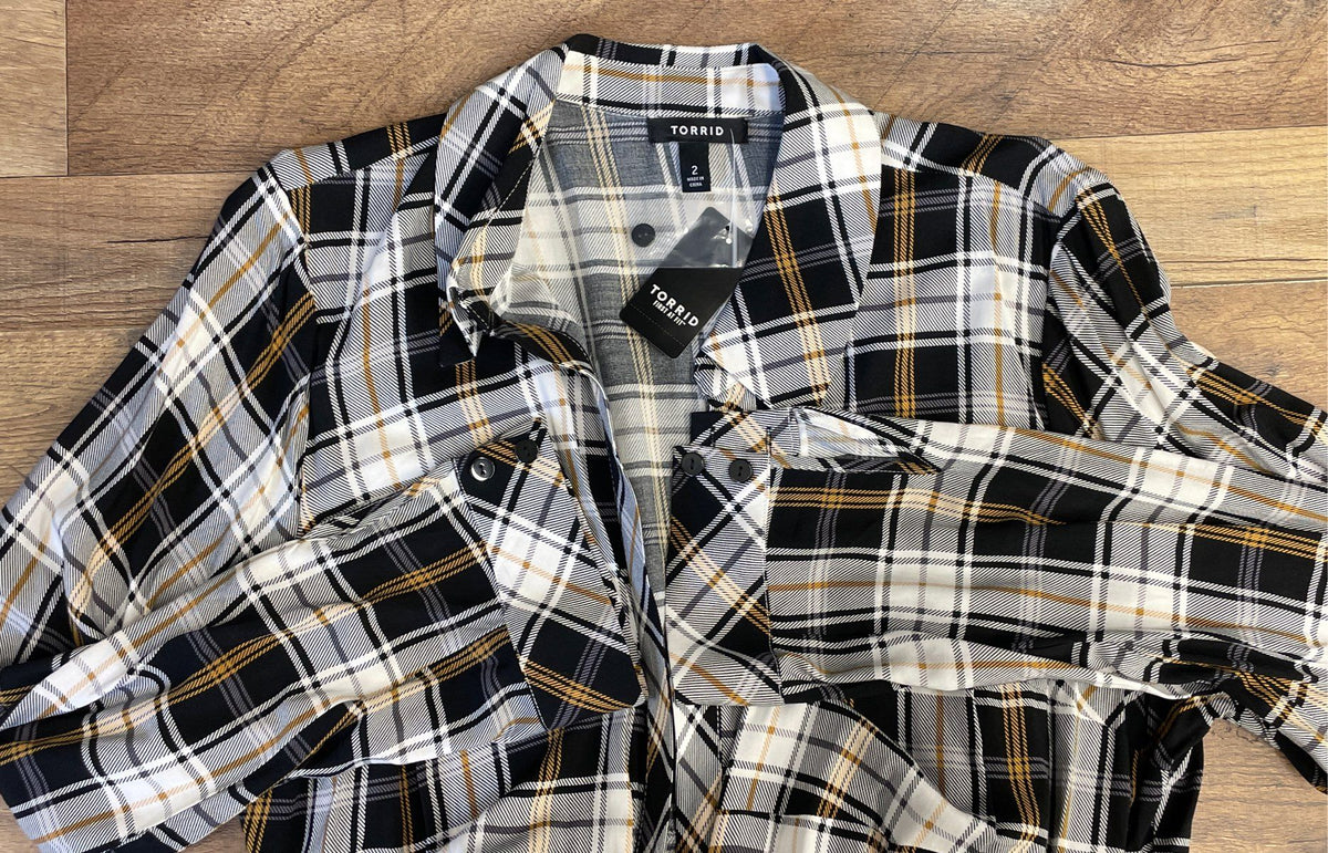 Torrid Women's Black White Yellow Plaid Challis Kimono Duster Sz 2X NWT