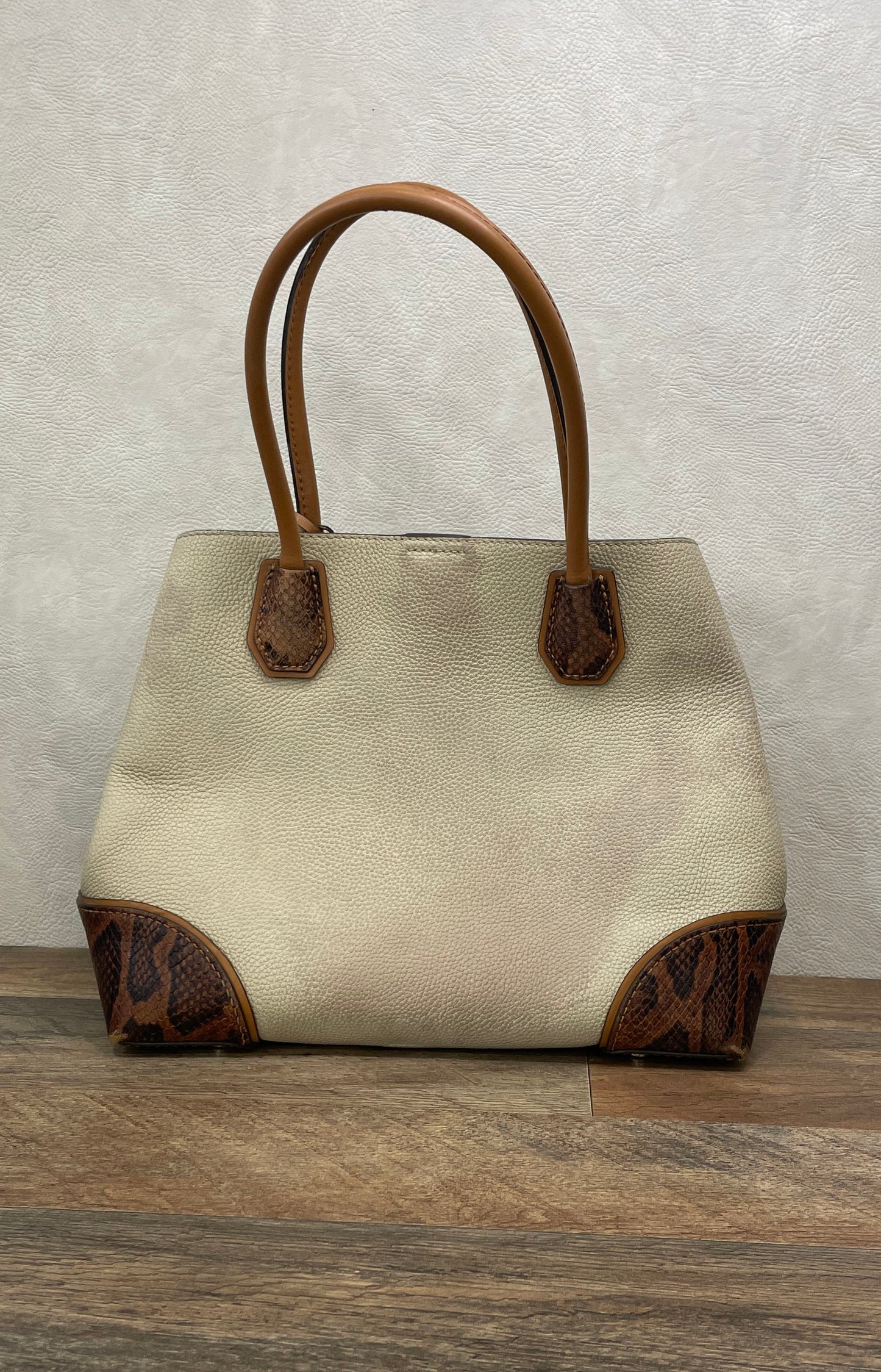 Michael Kors Cream Pebbled Leather Snakeskin Embossed Tote Bag Gold Hardware