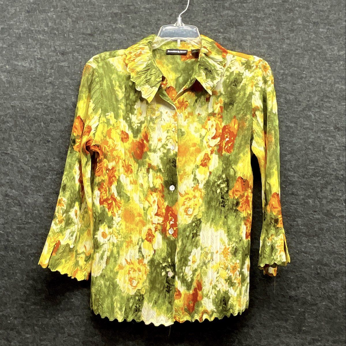 Essentials By Milano Women's Green Yellow Floral Crinkled Pleated Blouse Sz S