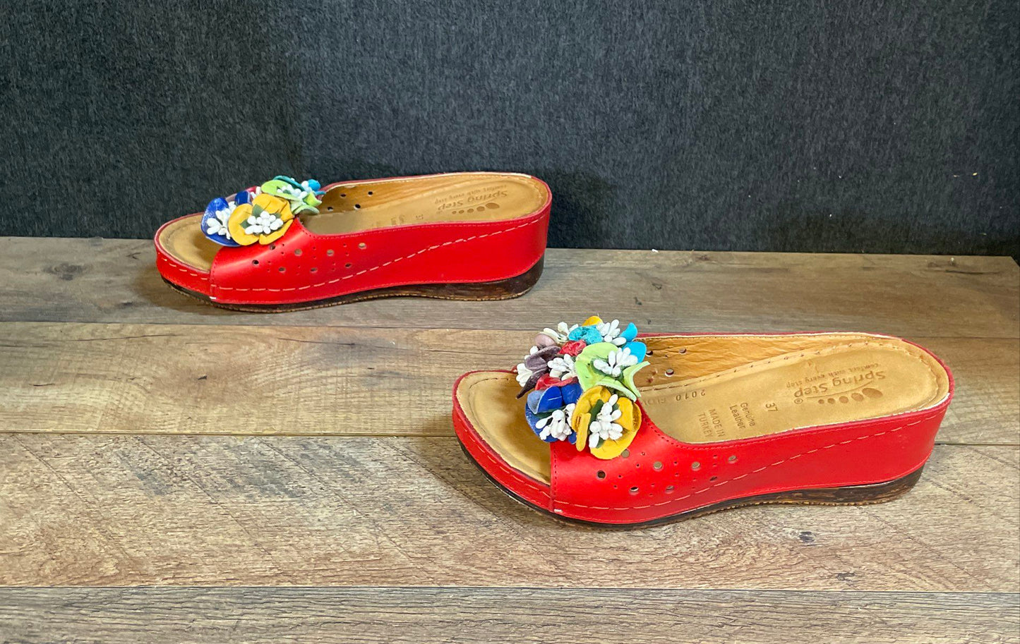 Spring Step Flowerchild Red Leather Floral Wedge Slide Sandals Size 37