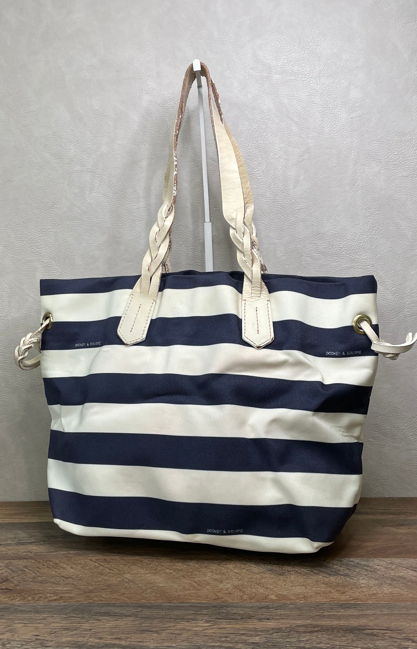 Dooney & Bourke Navy White Striped Canvas Tote Bag Braided Leather Handles