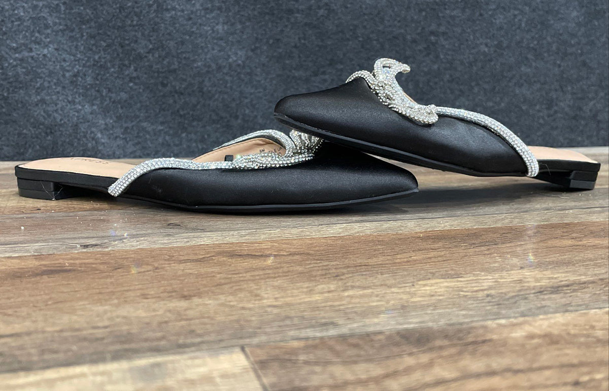 Express Black Rhinestone Bow Pointed Toe Mules Flat Slides Size 6M