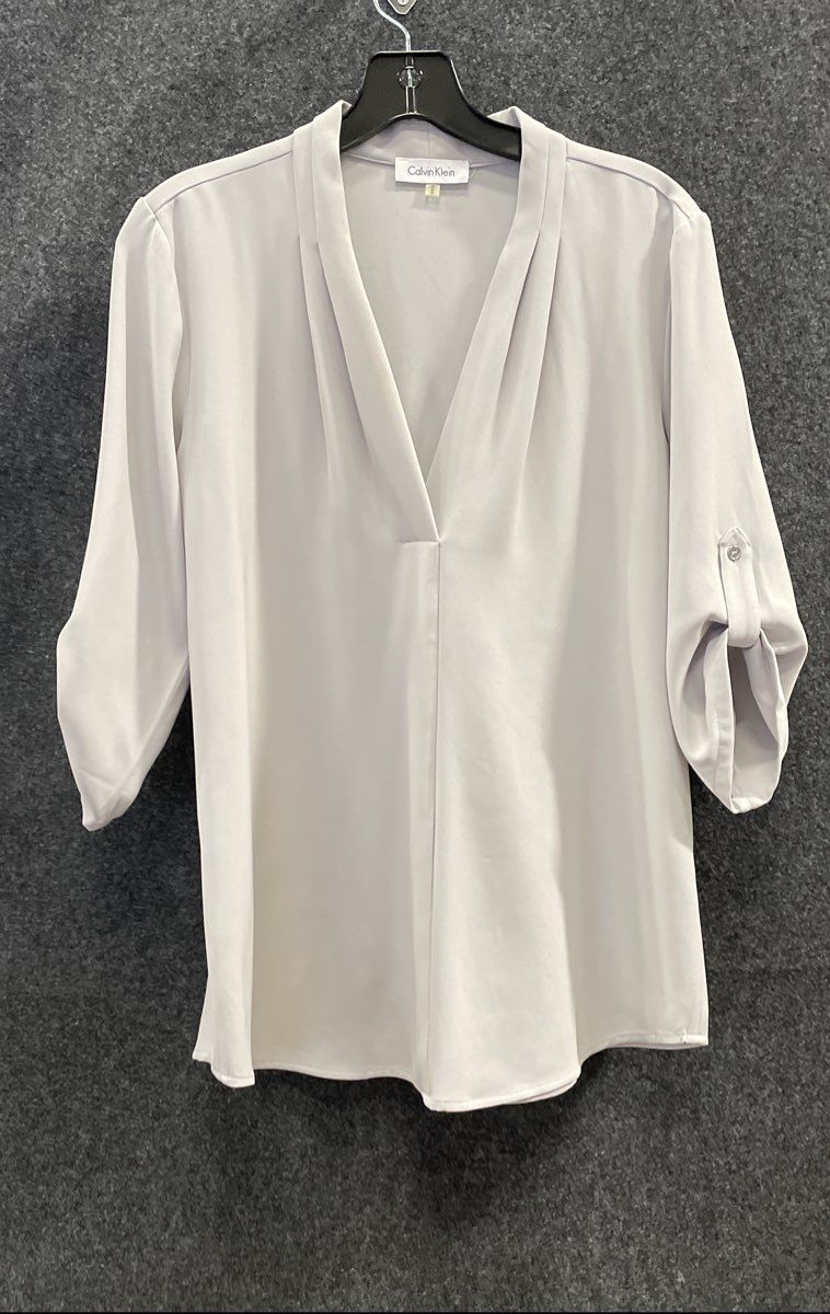 Calvin Klein Men's Grey Roll Tab Sleeve V-Neck Pleated Front Blouse Sz M