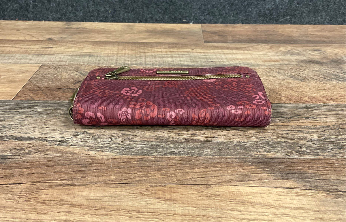 Travelon Burgundy Floral Print Zip Around Continental Wallet Organizer