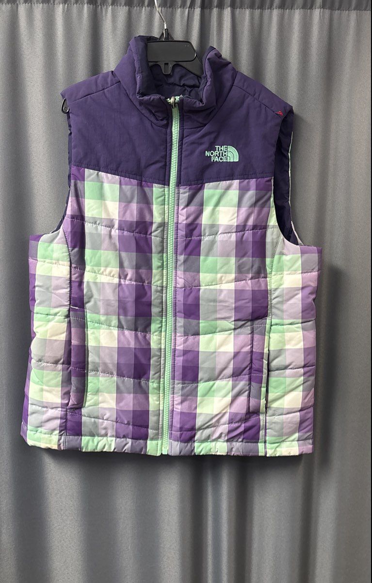 The North Face Girls Purple Green Plaid Insulated Puffer Vest Sz M 10/12