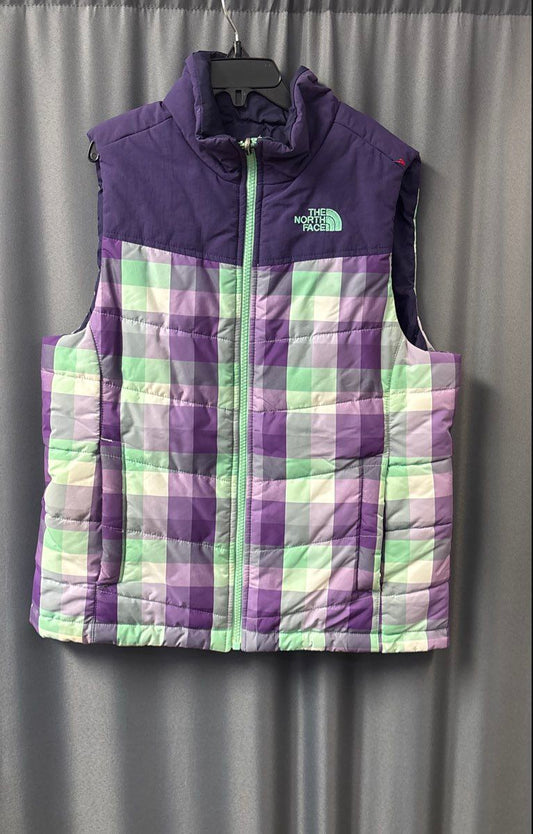 The North Face Girls Purple Green Plaid Insulated Puffer Vest Sz M 10/12