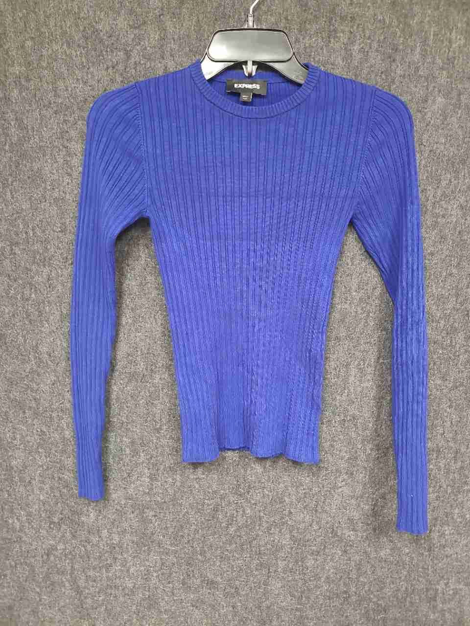Express Women's Royal Blue Ribbed Long Sleeve Crew Neck Top Sweater Sz XXS