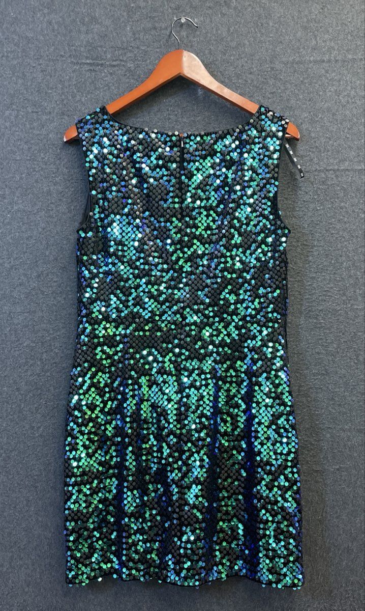 SHO Women's Teal Blue Iridescent Sequin Sleeveless V-Neck Sheath Dress Size L