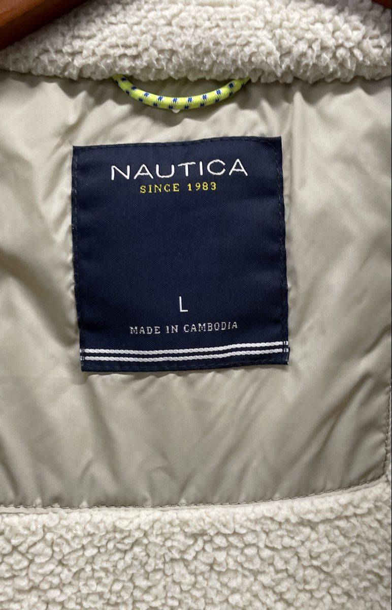 Nautica Men's Cream Quilted Puffer Jacket Sherpa Lined Full Zip Coat Sz L