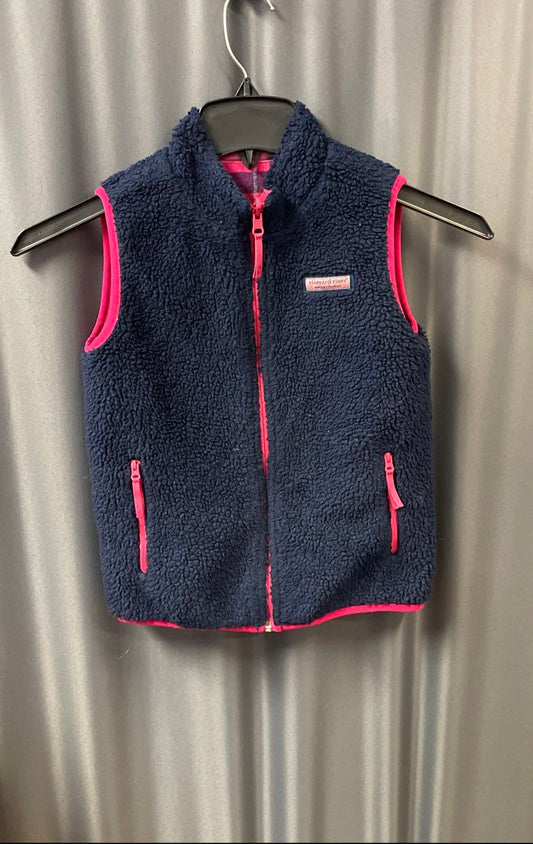 Vineyard Vines Kids Blue Sherpa Pink Plaid Reversible Full Zip Vest Sz S
