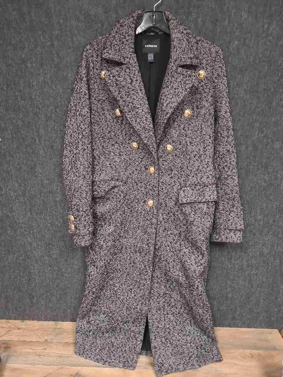 Express Women's Tweed Long Coat Double Breasted Gold Buttons Recycled Wool Sz M