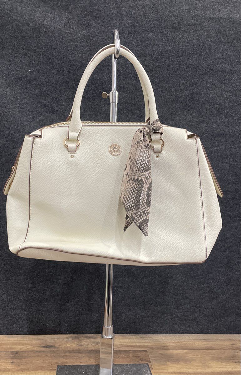 Anne Klein White Pebbled Satchel Handbag Snake Print Scarf Gold Hardware