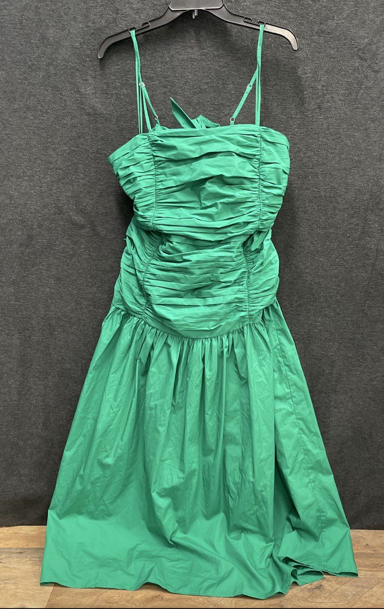 LOFT Women's Green Ruched Tie Back Spaghetti Strap Cotton Midi Dress Sz 10 NWT