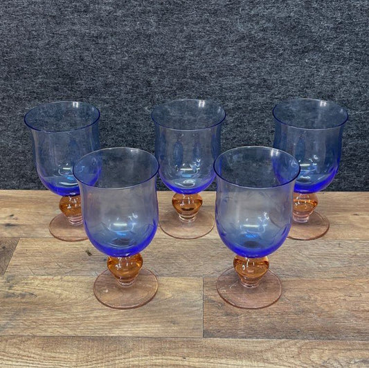 Set of 4 Pfaltsgraff Napoli Etched Cobalt Blue Goblets with Orange Stems