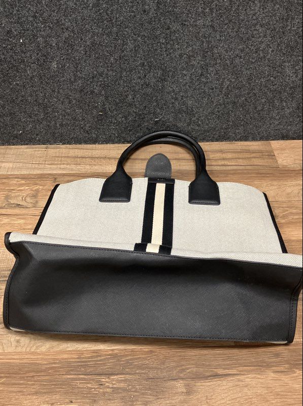 DKNY Tan Black Striped Canvas Tote Bag Large Saffiano Leather Trim