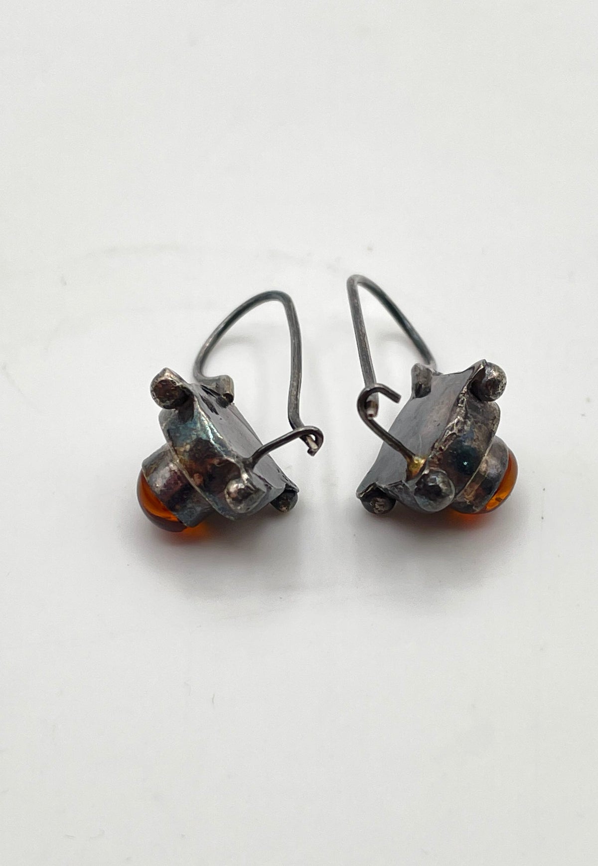 925 Sterling Silver Amber Cabochon Drop Hook Earrings 3.7g