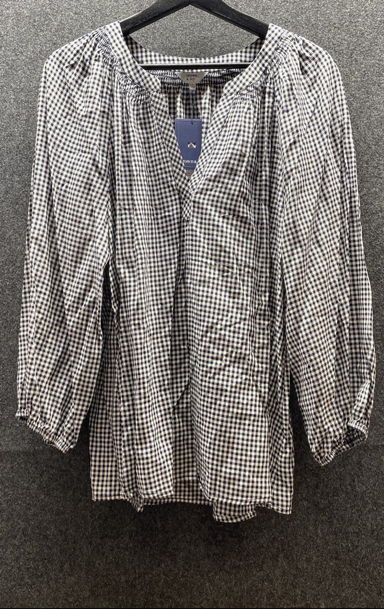 Crown & Ivy Women's Essential Core Peasant Blouse Navy Gingham Size XXL NWT