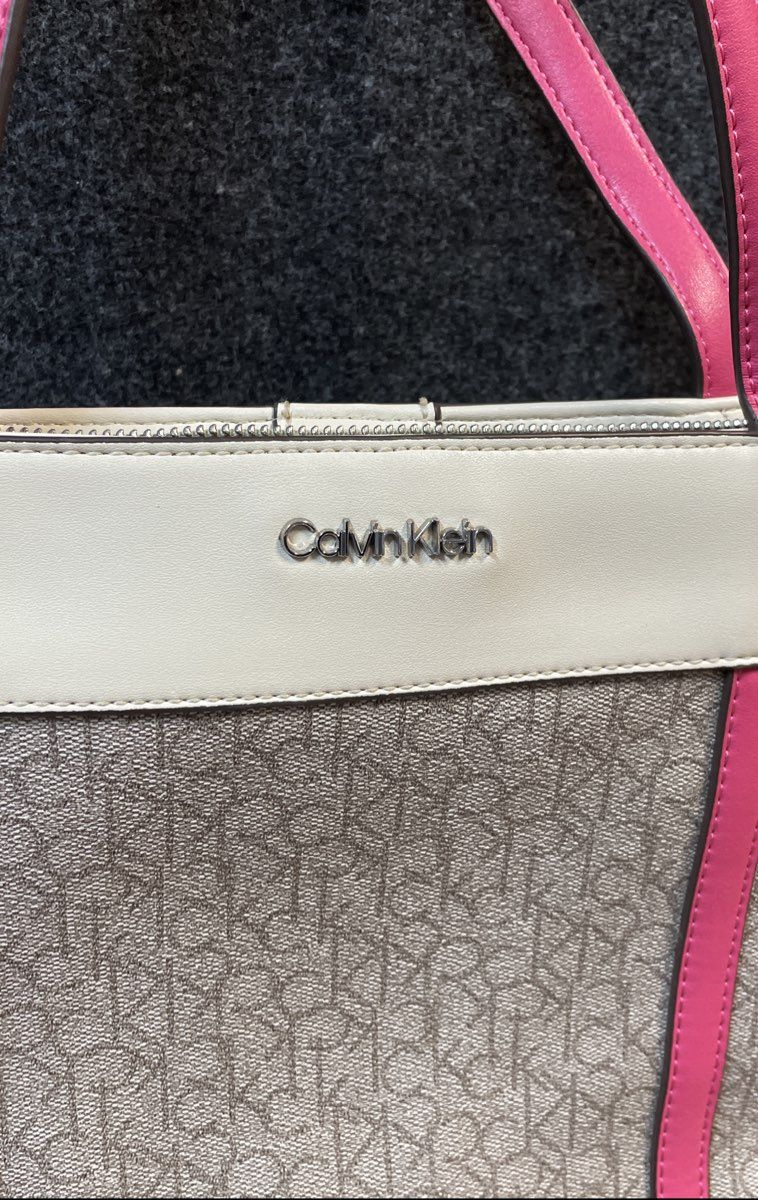 Calvin Klein White & Pink Monogram Canvas Satchel Shoulder Bag Purse