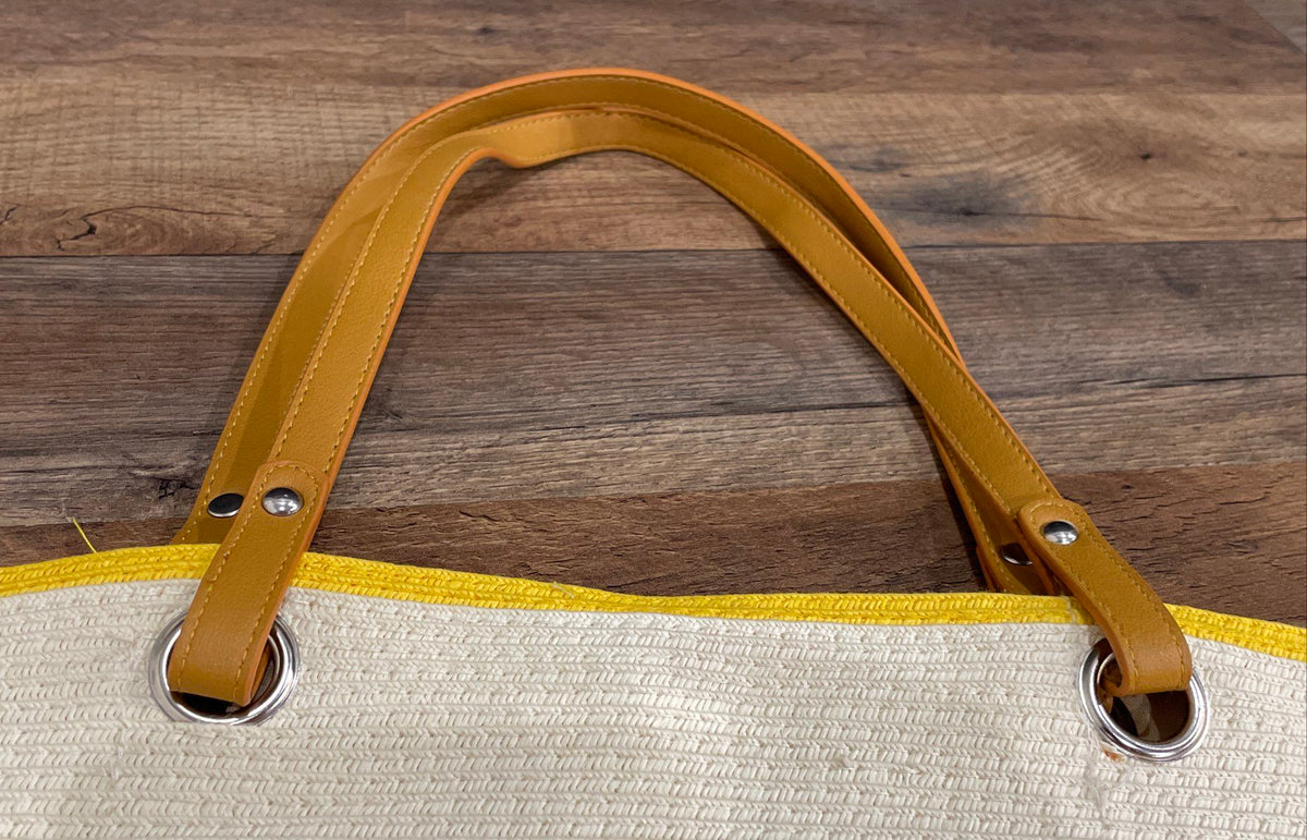 Yellow White Woven Color Block Large Tote Beach Shoulder Bag Silver Hardware