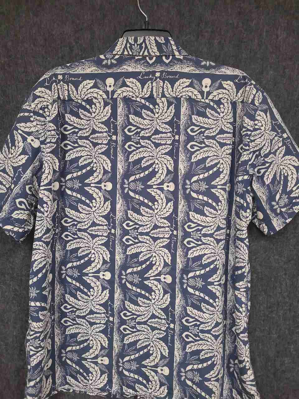 Lucky Brand Men's Blue Hawaiian Shirt Palm Tree Pineapple Ukulele Cotton Sz L