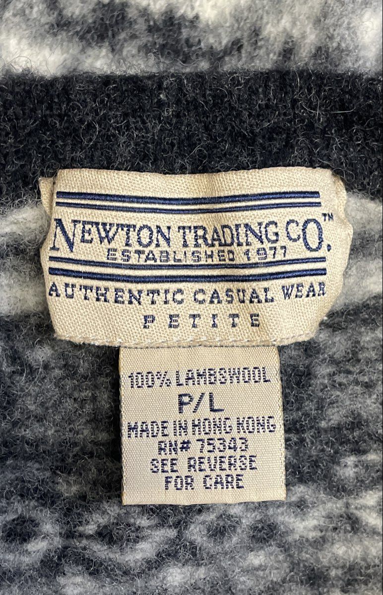Vintage 90s Newton Trading Co Women's Gray Fair Isle Lambswool Zip Cardigan P/L