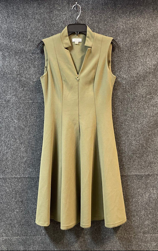 Calvin Klein Women's Olive Green Sleeveless Notch Collar Fit & Flare Dress Sz 6