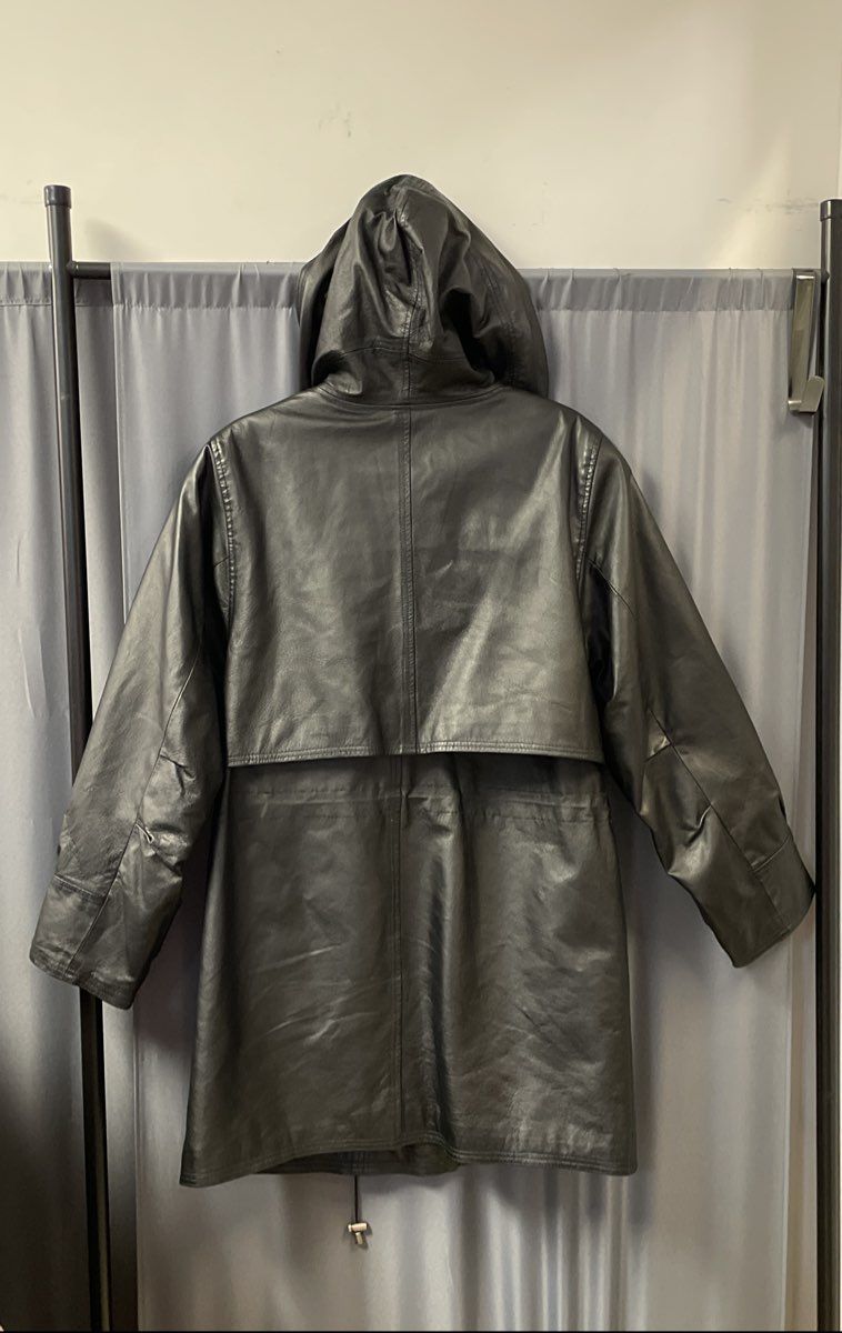 Vintage 90s Comint Women's Black Leather Hooded Double Breasted Jacket Sz M