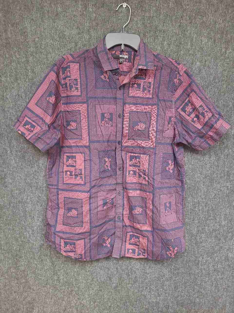 Murano Men's Purple Pink Slim Fit Short Sleeve Cotton Geometric Print Shirt Sz L