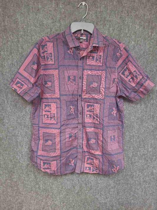 Murano Men's Purple Pink Slim Fit Short Sleeve Cotton Geometric Print Shirt Sz L